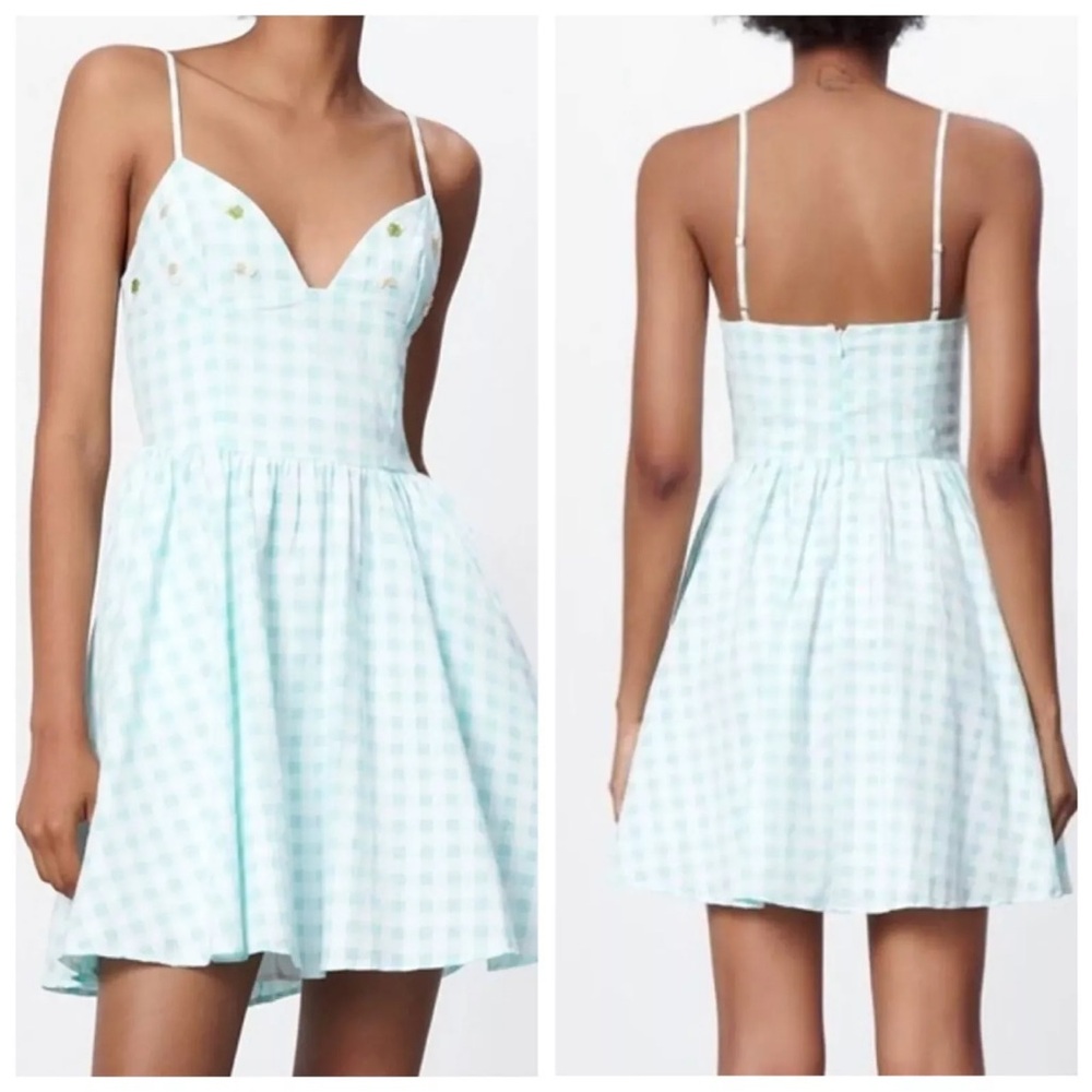 Zara Floral Beaded Gingham Fit and Flare Mini Dress SZ S NWT